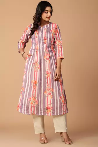 Purple printed cotton kurta trouser set