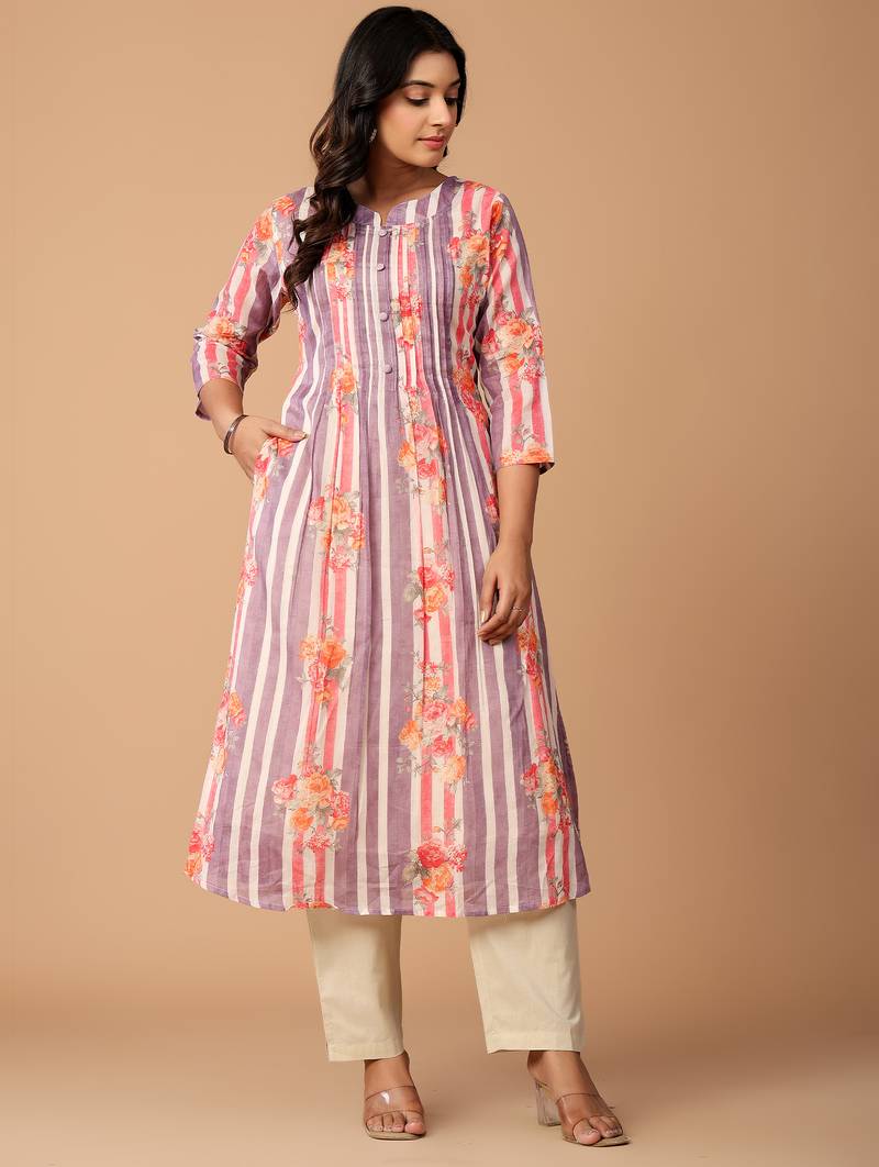 Purple printed cotton kurta trouser set