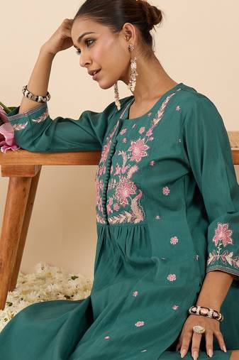 Sea green embroidered silk kurta trouser set