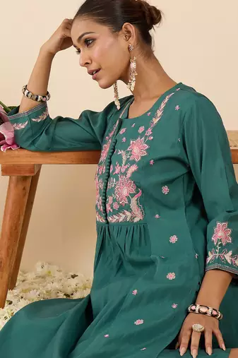 Sea green embroidered silk kurta trouser set