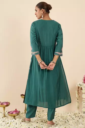 Sea green embroidered silk kurta trouser set