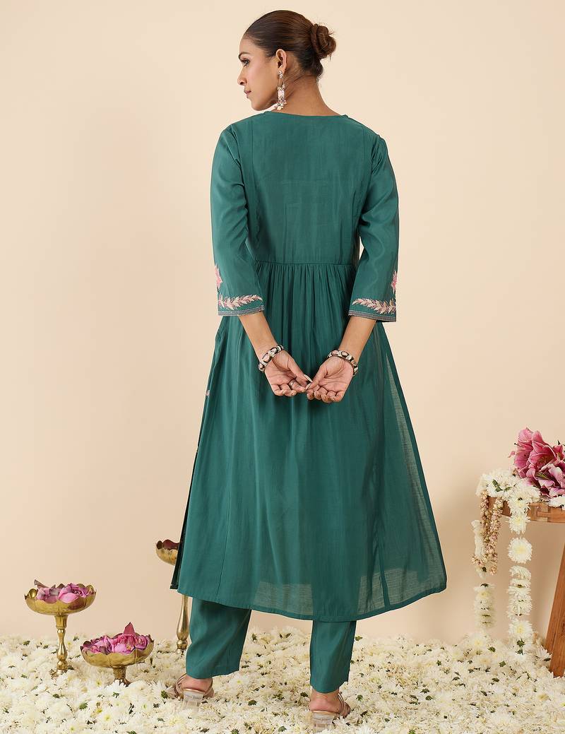 Sea green embroidered silk kurta trouser set
