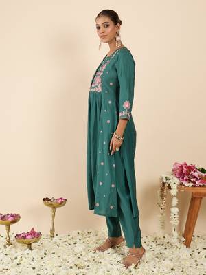 Sea green embroidered silk kurta trouser set 3