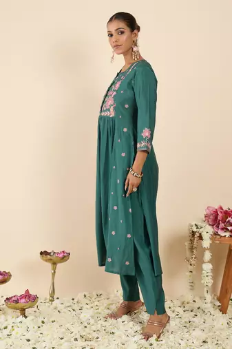 Sea green embroidered silk kurta trouser set