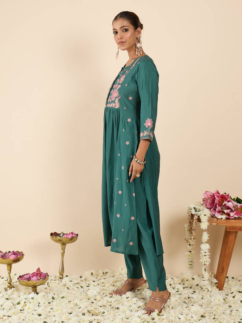 Sea green embroidered silk kurta trouser set
