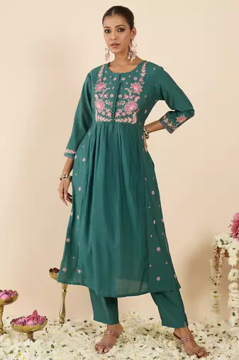 Sea green embroidered silk kurta trouser set