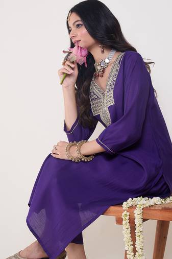 Purple embroidered silk kurta trouser set