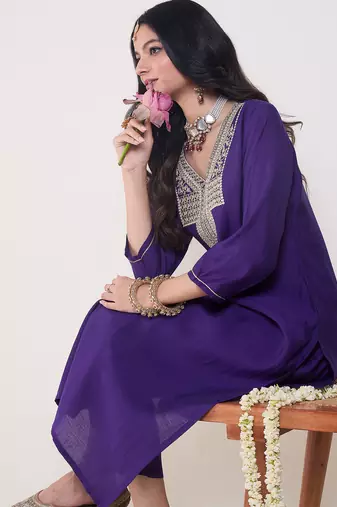 Purple embroidered silk kurta trouser set