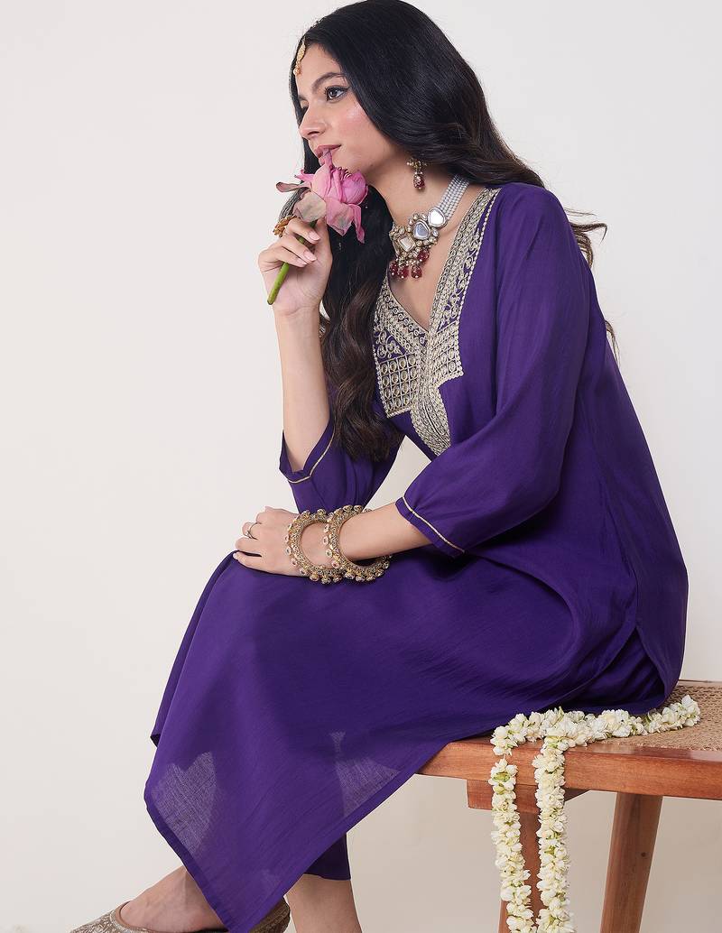 Purple embroidered silk kurta trouser set