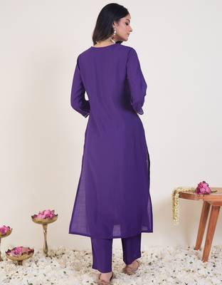 Purple embroidered silk kurta trouser set 2