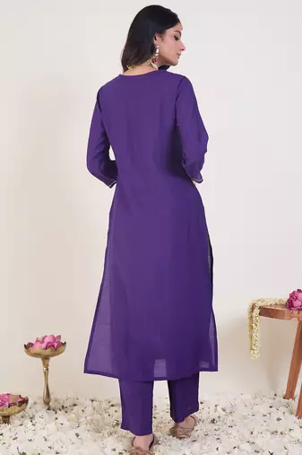 Purple embroidered silk kurta trouser set