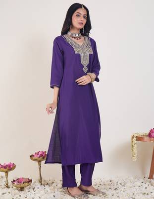 Purple embroidered silk kurta trouser set 3