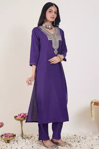 Purple embroidered silk kurta trouser set