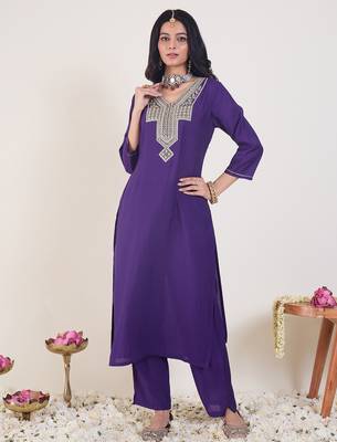 Purple embroidered silk kurta trouser set 4