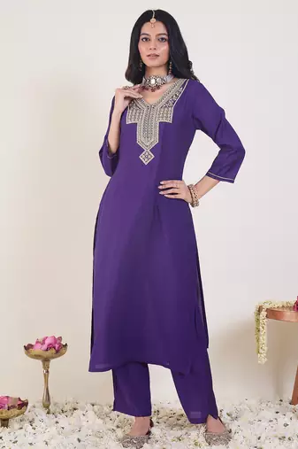 Purple embroidered silk kurta trouser set