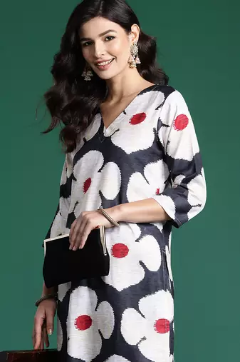 Black printed cotton kurta trouser set