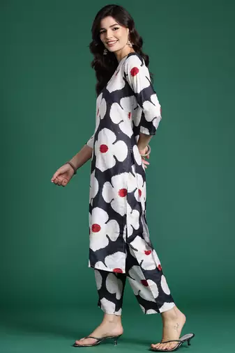 Black printed cotton kurta trouser set