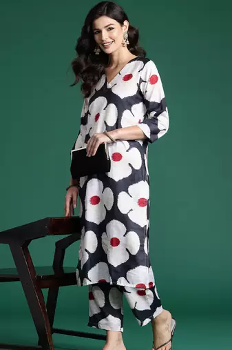 Black printed cotton kurta trouser set