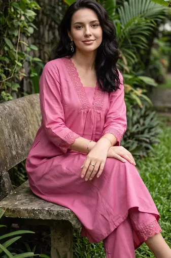 Pink embroidered cotton kurta trouser set