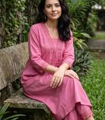 Pink embroidered cotton kurta trouser set