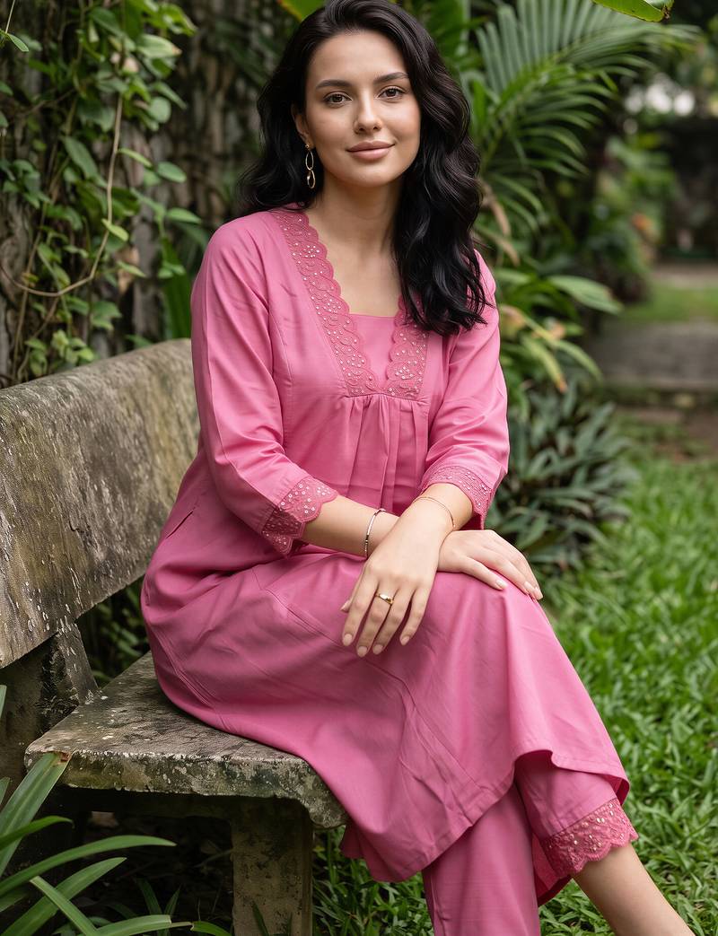 Pink embroidered cotton kurta trouser set