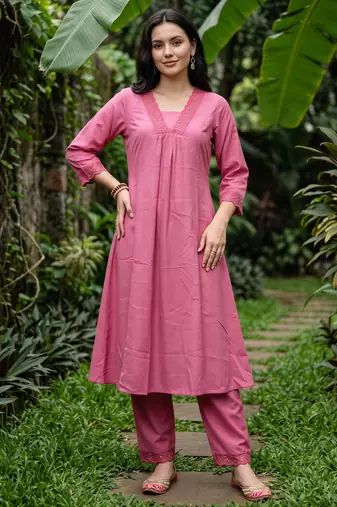 Pink embroidered cotton kurta trouser set