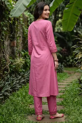 Pink embroidered cotton kurta trouser set