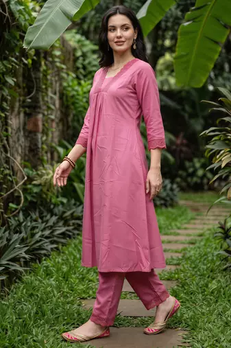 Pink embroidered cotton kurta trouser set