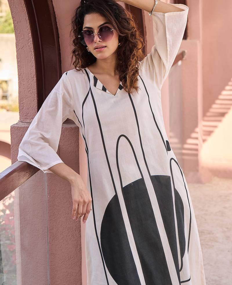 Off white printed cotton kurta trouser set