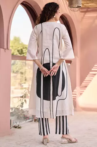 Off white printed cotton kurta trouser set
