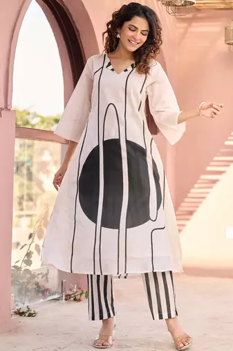 Off white printed cotton kurta trouser set