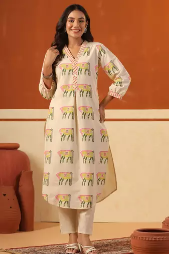 Beige printed cotton kurta trouser set
