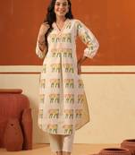 Beige printed cotton kurta trouser set