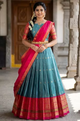 South Indian Style Semi-Stitched Half Saree with Blouse and Dupatta