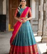 South Indian Style Semi-Stitched Half Saree with Blouse and Dupatta