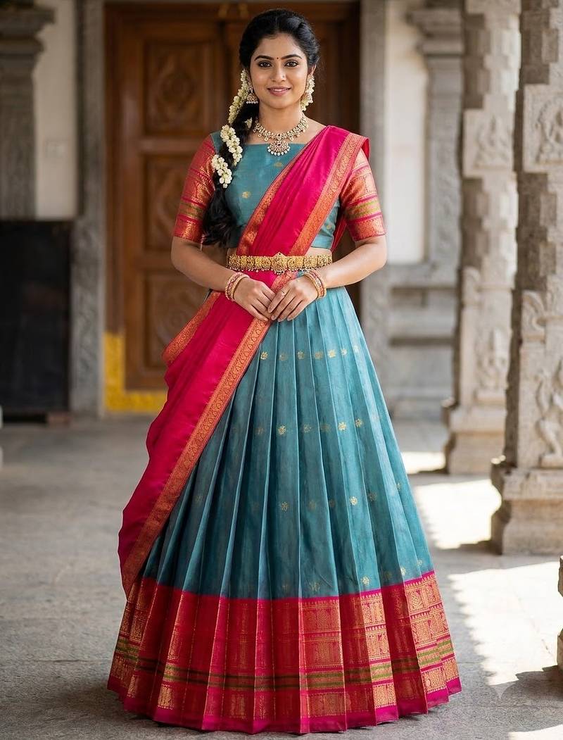 South Indian Style Semi-Stitched Half Saree with Blouse and Dupatta