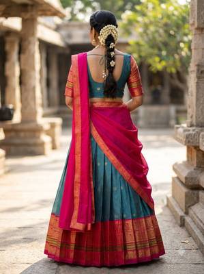 South Indian Style Semi-Stitched Half Saree with Blouse and Dupatta 2