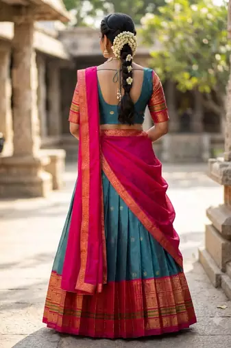 South Indian Style Semi-Stitched Half Saree with Blouse and Dupatta