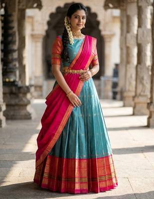 South Indian Style Semi-Stitched Half Saree with Blouse and Dupatta 3