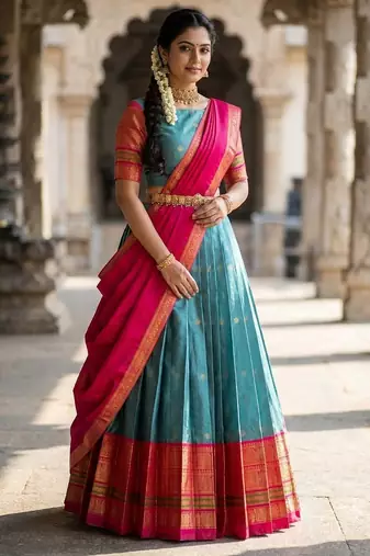South Indian Style Semi-Stitched Half Saree with Blouse and Dupatta