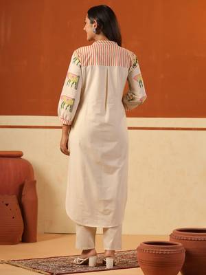Beige printed cotton kurta trouser set 3