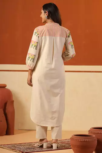 Beige printed cotton kurta trouser set