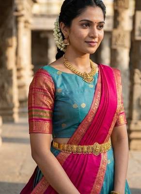 South Indian Style Semi-Stitched Half Saree with Blouse and Dupatta 4