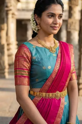South Indian Style Semi-Stitched Half Saree with Blouse and Dupatta