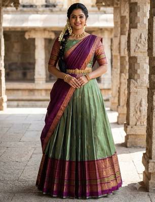 South Indian Style Semi-Stitched Half Saree with Blouse and Dupatta 1