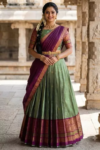South Indian Style Semi-Stitched Half Saree with Blouse and Dupatta