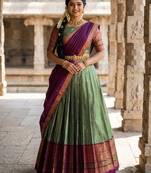 South Indian Style Semi-Stitched Half Saree with Blouse and Dupatta