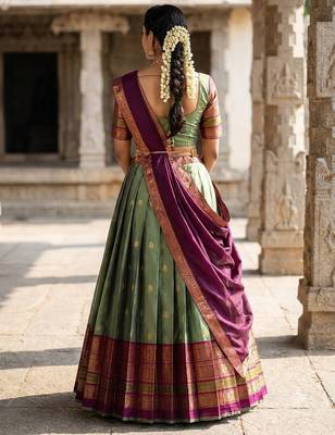 South Indian Style Semi-Stitched Half Saree with Blouse and Dupatta 2