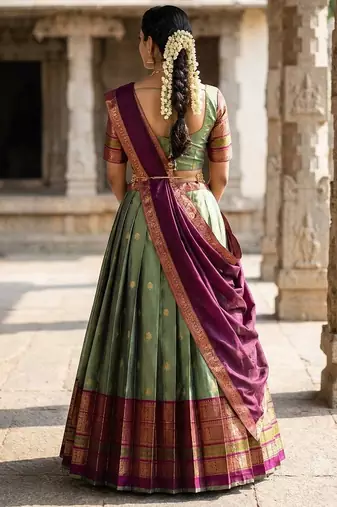 South Indian Style Semi-Stitched Half Saree with Blouse and Dupatta
