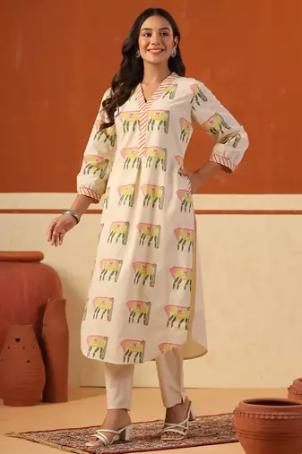 Beige printed cotton kurta trouser set